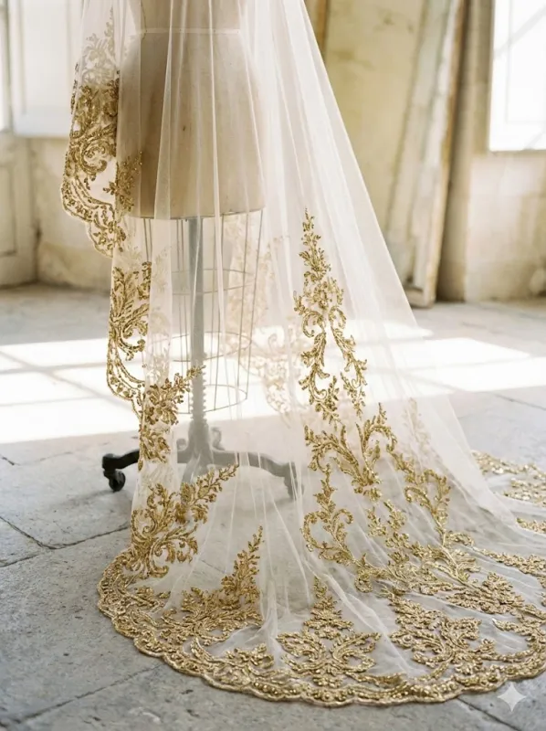 Voile de Mariée Royal doré Brodé 2